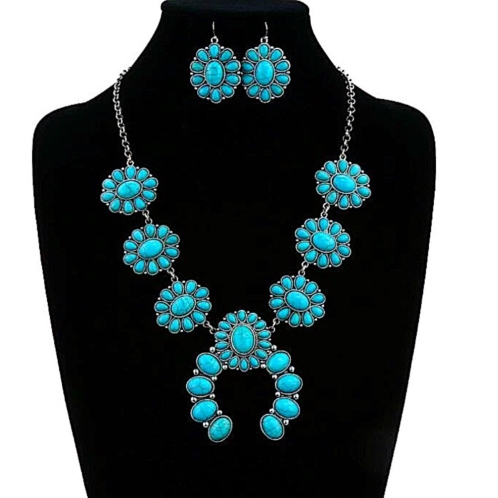 Western Squash Blossom Turquoise Necklace, Navajo Bohemian Necklace Earrings Set